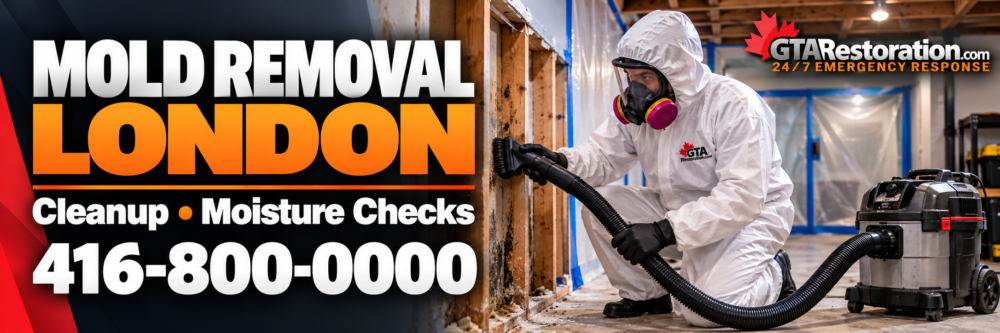 Banner for mold removal in London, showing a technician vacuuming exposed wood framing inside a contained work area.