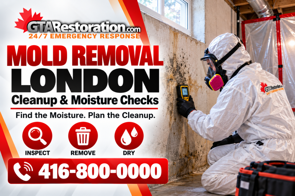 Technician in protective gear checking a stained basement wall with a moisture meter.