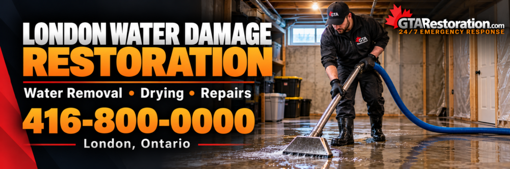 London Water Damage Restoration Banner London water damage restoration banner showing a technician extracting water from a basement.
