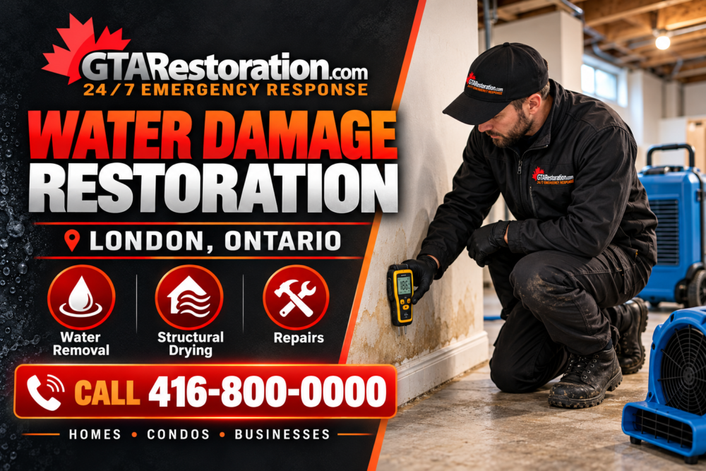 London Water Damage Restoration Promo Restoration technician checking a water-damaged wall with a moisture meter beside drying equipment.