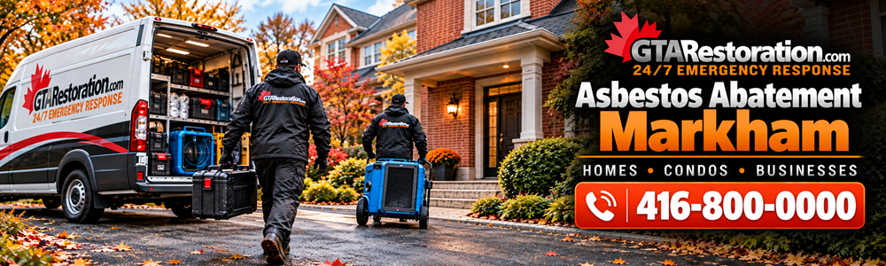 Illustration of two GTA Restoration crew members carrying equipment from a service van toward a brick home.