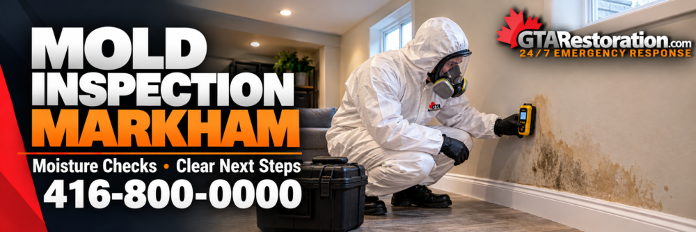 Banner for mold inspection in Markham, showing a technician checking a stained wall with a moisture meter.