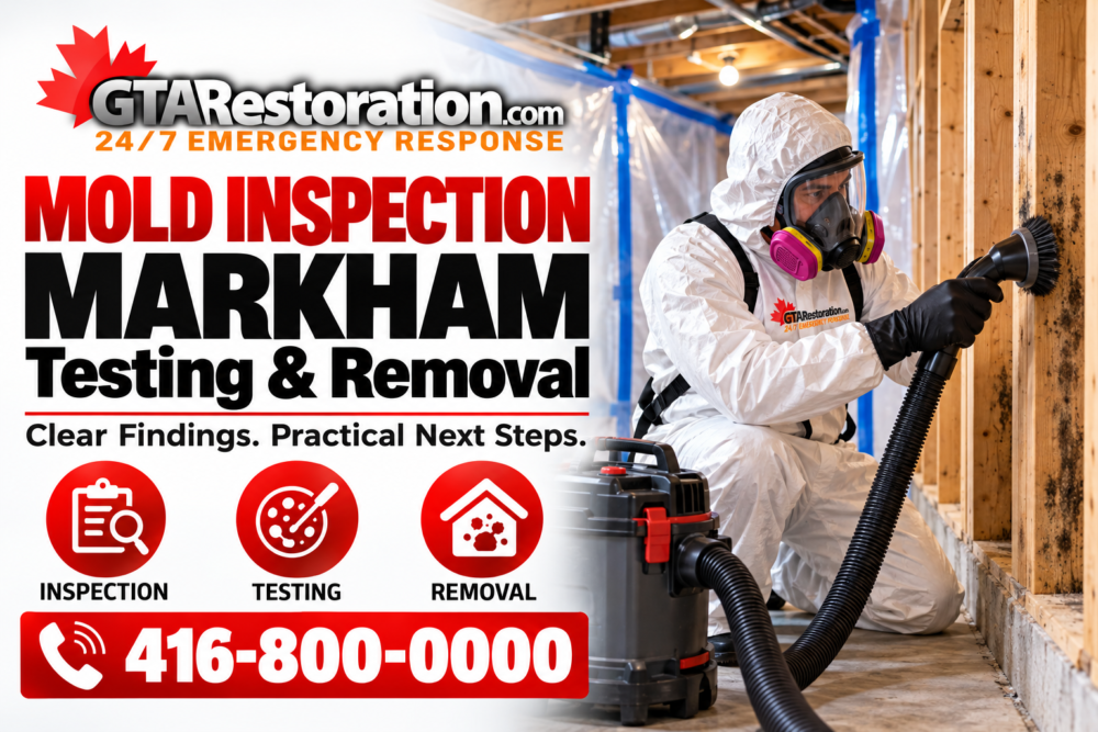 Technician in protective gear vacuuming exposed wood framing inside a contained work area.