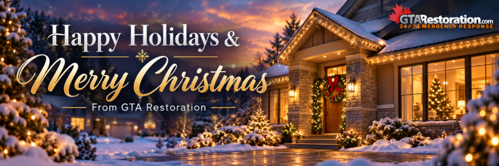 Happy Holidays Merry Christmas seasonal greeting from GTA Restoration with festive Christmas decorations