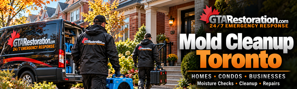 Mold Cleanup Toronto Service Banner Restoration crew carrying equipment from a branded van toward a brick house.
