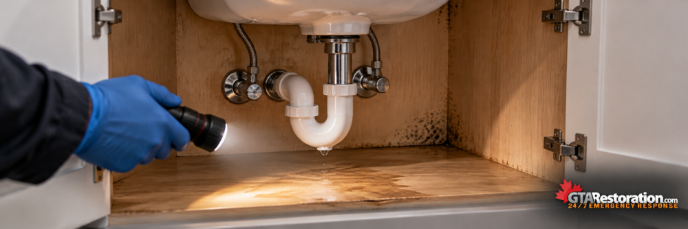 Gloved hand using a flashlight to inspect a leaking sink drain and damp cabinet