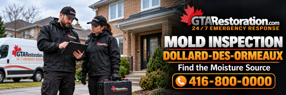 Illustration of two GTA Restoration technicians reviewing a tablet outside a brick home beside a service van.