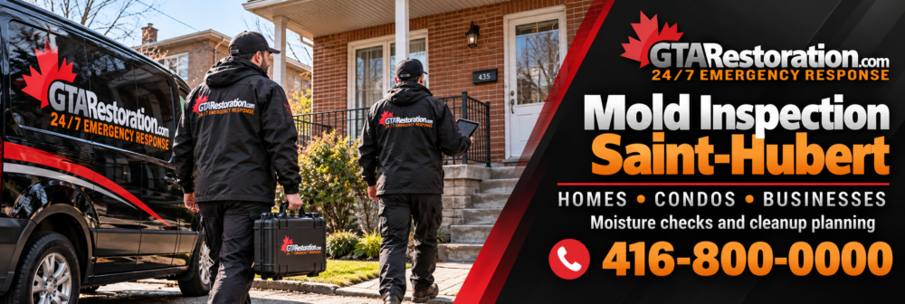 Mold Inspection Saint Hubert Team Banner Illustration of two GTA Restoration technicians arriving at a brick home with an equipment case and tablet.