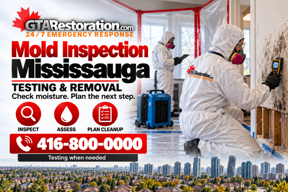Mold Inspection Testing Removal Mississauga Poster Two technicians in protective gear assessing mold-damaged drywall inside a contained work area.