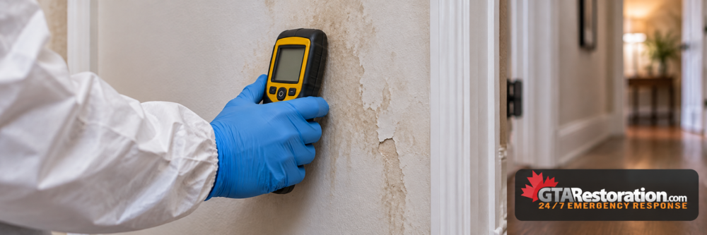 Gloved hand holding a moisture meter against a water-stained wall