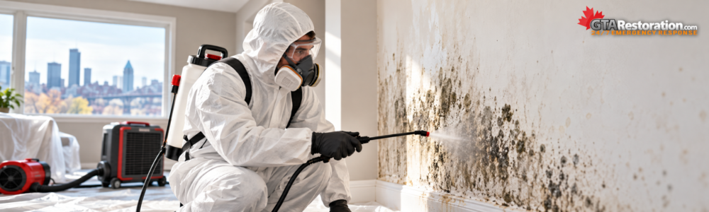 ALT: Mold remediation Montreal technician treating visible mold on an interior wall