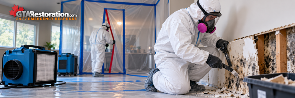 GTA Restoration technician inspecting a mold-affected wall above a window with a thermal imaging camera