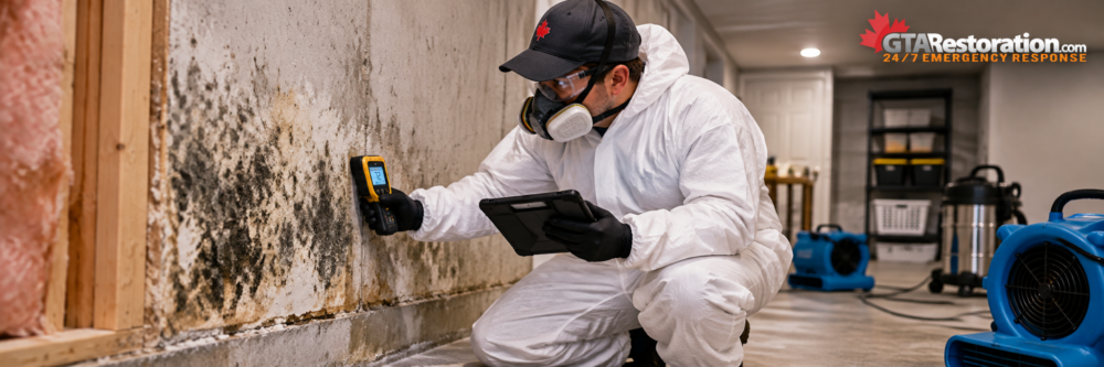 GTA Restoration technicians removing mold-damaged drywall with plastic containment barriers and air filtration equipment