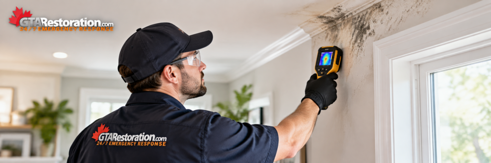 GTA Restoration technician checking a mold-affected basement wall with a moisture meter