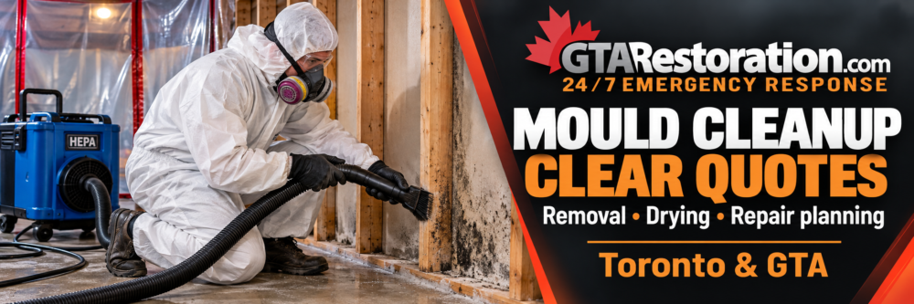 Technician checking a mould-affected basement wall with a moisture meter beside Toronto mould removal cost information.