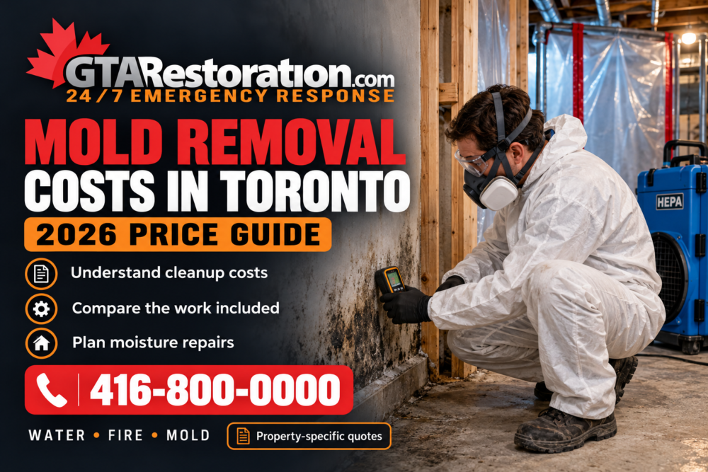 GTA Restoration price guide graphic with a technician inspecting a mould-affected wall and the phone number 416-800-0000.