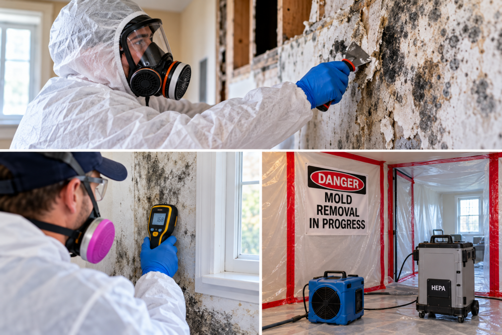 Professional mold removal LaSalle technician removing mold-damaged drywall while wearing protective equipment