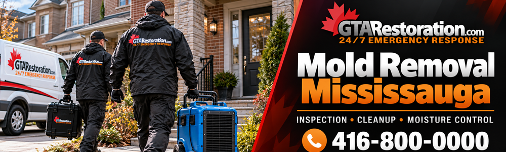 Mold Removal Mississauga Crew Banner Two GTA Restoration crew members carrying tools and equipment toward a townhouse.