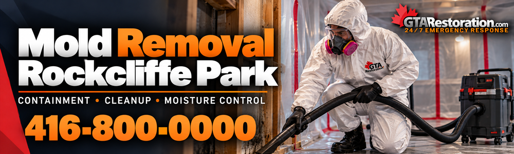 Rockcliffe Park mold removal banner showing a technician vacuuming exposed wall framing in protective gear.

