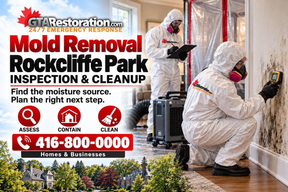 Technicians in protective gear checking a stained wall with a moisture meter and recording findings.

