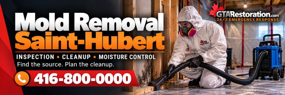 Mold Removal Saint Hubert Cleanup Banner Illustration of mold removal in Saint-Hubert showing a protected worker cleaning exposed wall framing.
