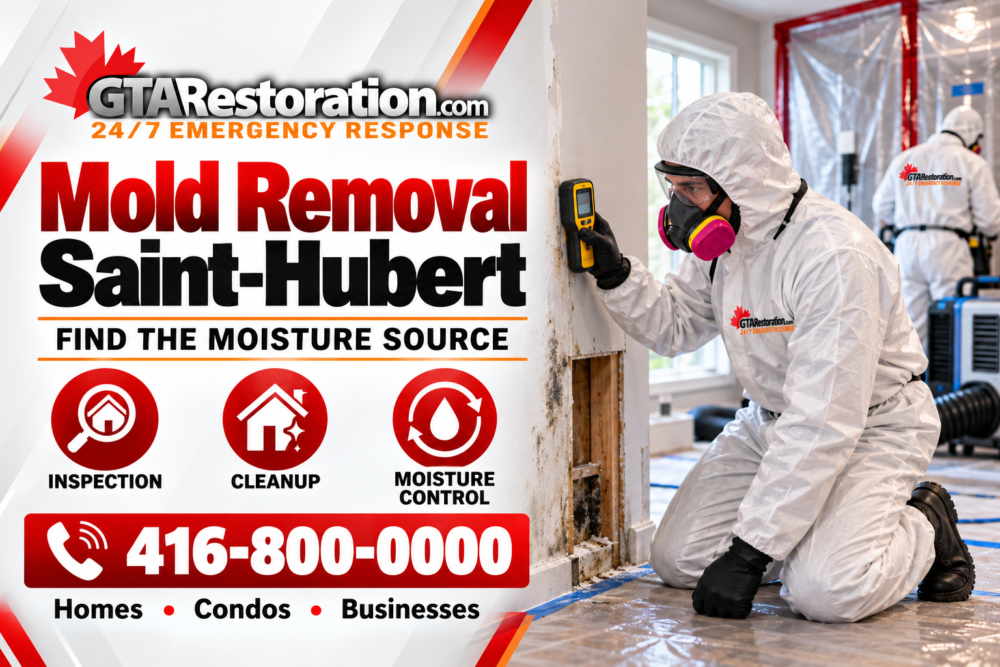 Mold Removal Saint Hubert Promo Promotional illustration of a protected technician checking wall moisture beside exposed framing and a containment barrier.