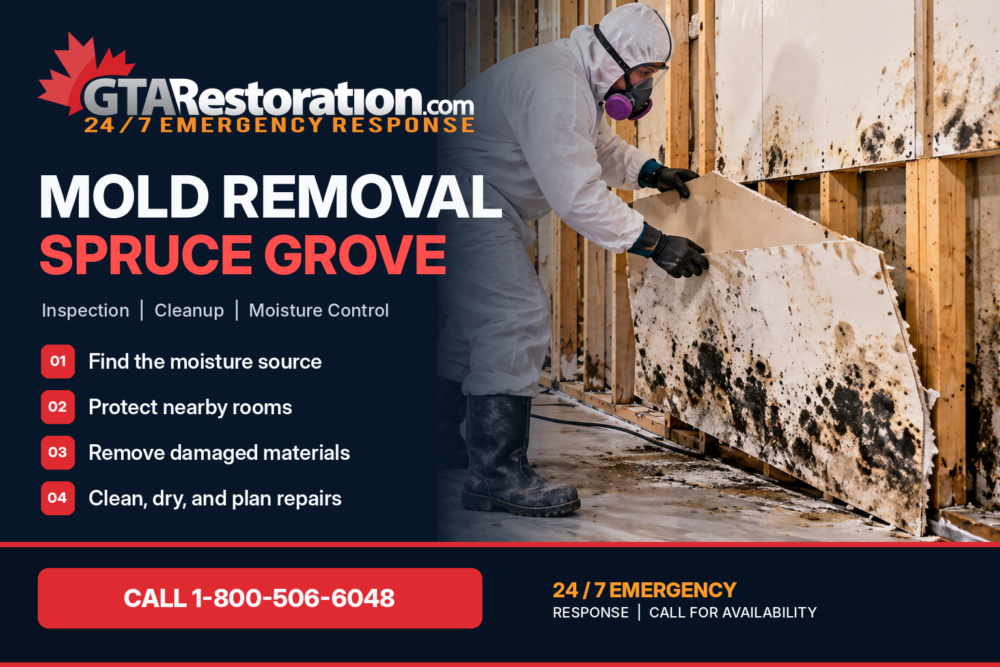 Mold Removal Spruce Grove process showing moisture inspection, containment, damaged material removal and repairs