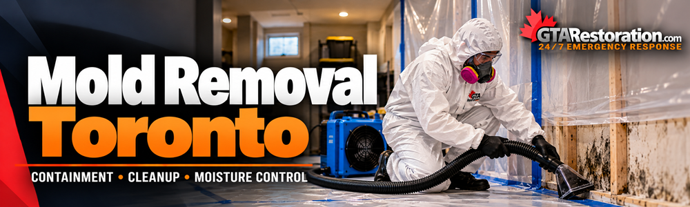 Mold Removal Toronto Indoor Banner, Visible mold along a wall and cabinet base before removal Mold removal in Toronto banner showing a technician cleaning an affected wall inside containment, Damaged subfloor around a toilet drain