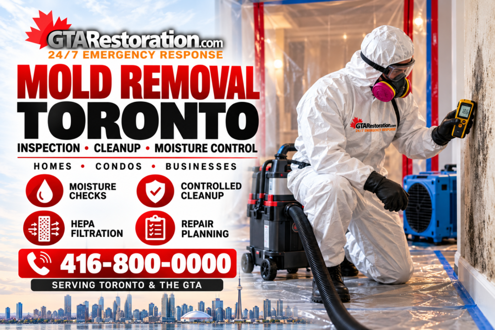 Mold Removal Toronto Promo Poster Poster advertising mold removal in Toronto, with a technician checking a wall using a moisture meter.