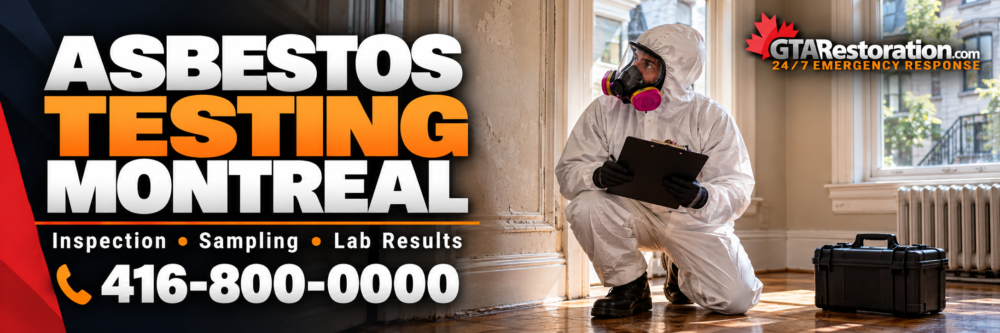 Asbestos testing in Montreal banner showing an inspector in protective gear beside an older plaster wall.