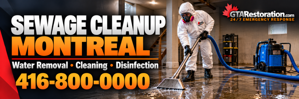 Sewage cleanup and disinfection in Montreal banner showing a technician extracting dirty water from a basement.