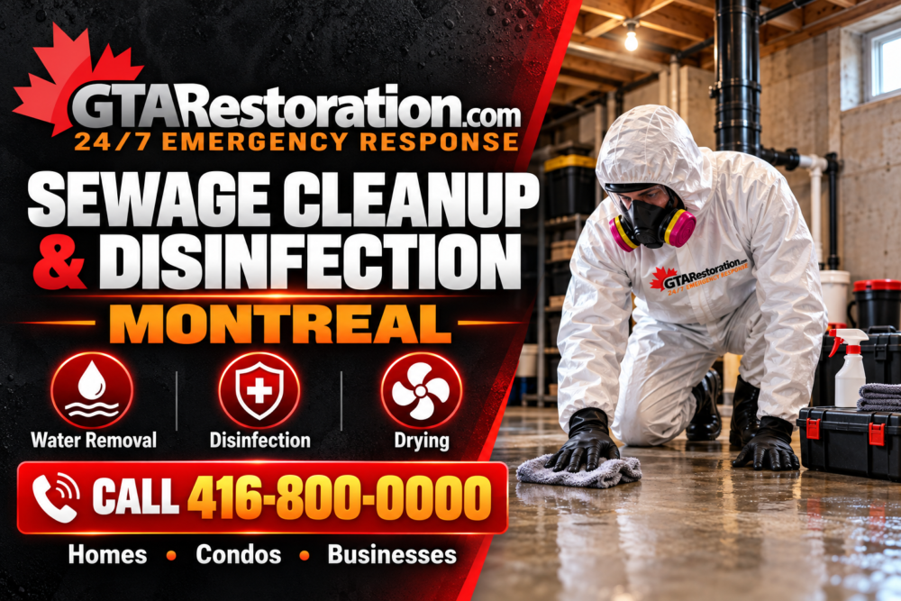 GTA Restoration promotional graphic showing a technician in protective gear wiping a basement floor.