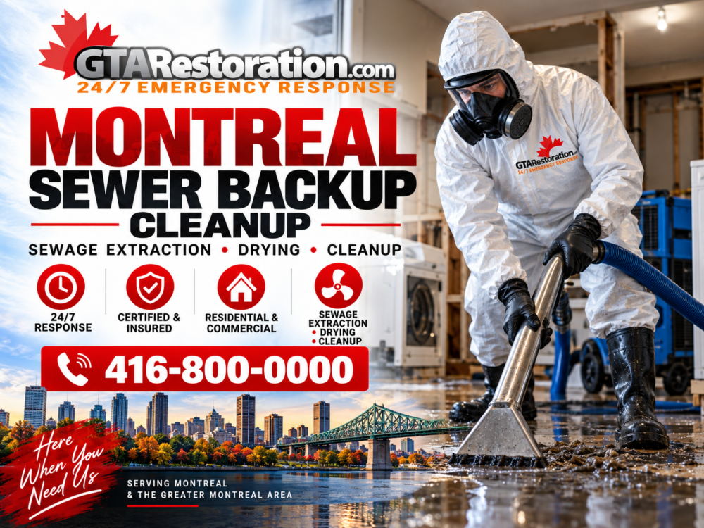Montreal sewer backup cleanup with sewage extraction, drying and emergency response