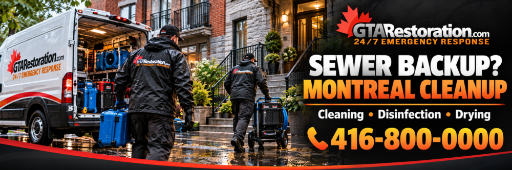 GTA Restoration crew unloading cleanup equipment from a service van outside a stone and brick home.