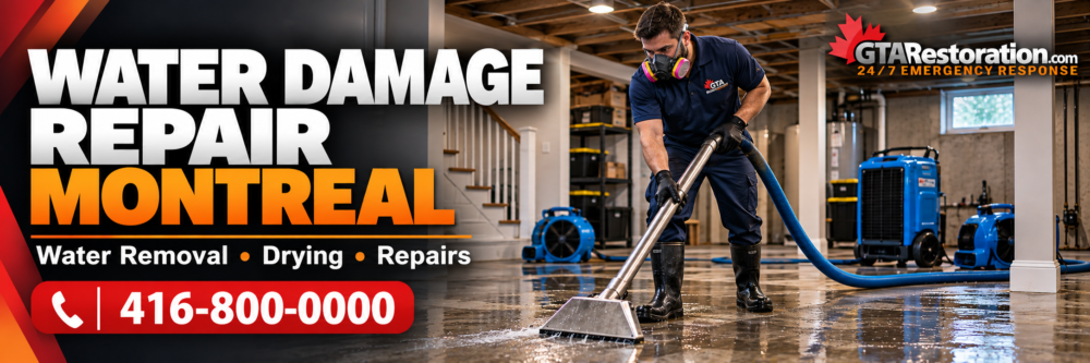 Water damage repair in Montreal banner showing a technician extracting water from a flooded basement.