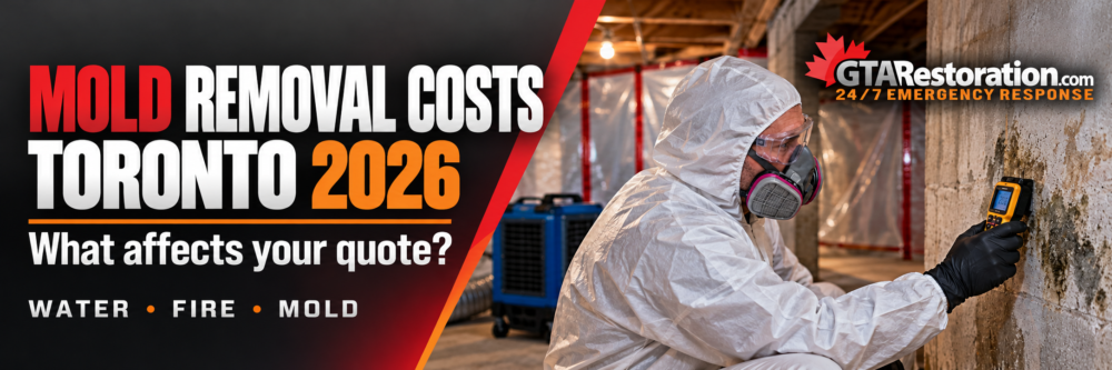 Technician in protective gear vacuuming exposed wall framing inside a contained mould cleanup area.