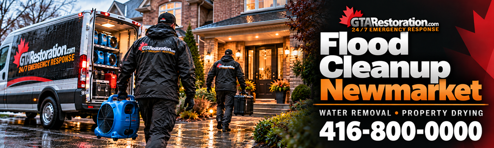 Newmarket flood restoration, Illustration of two crew members carrying drying equipment and an inspection case toward a brick house.