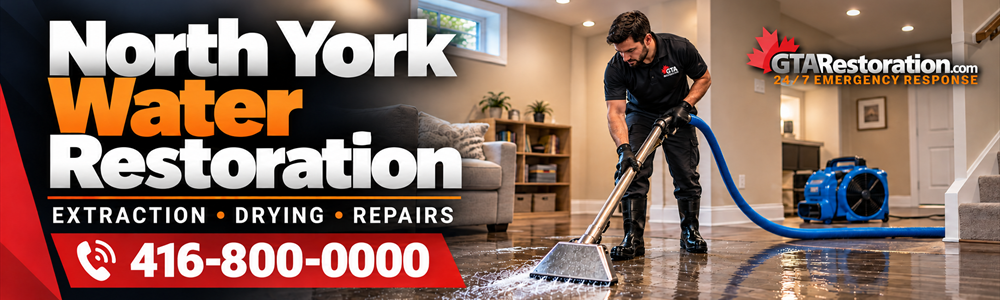 Illustration of North York water restoration with a technician extracting water from a basement floor.