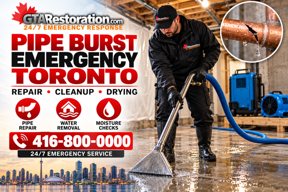 Pipe Burst Emergency Toronto Promo Poster Toronto burst pipe cleanup poster showing water extraction and a close-up of a damaged copper pipe.