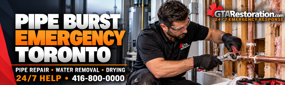 Pipe Burst Emergency Toronto Repair Banner Pipe burst emergency in Toronto banner showing a plumber repairing a copper pipe.