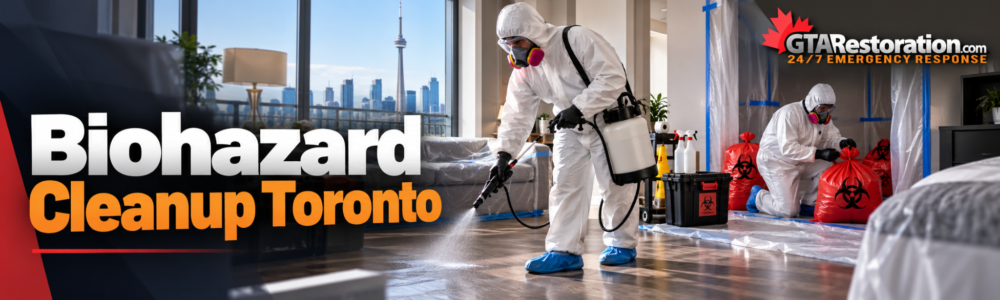 Workers in protective suits cleaning a floor beside a screened work area
