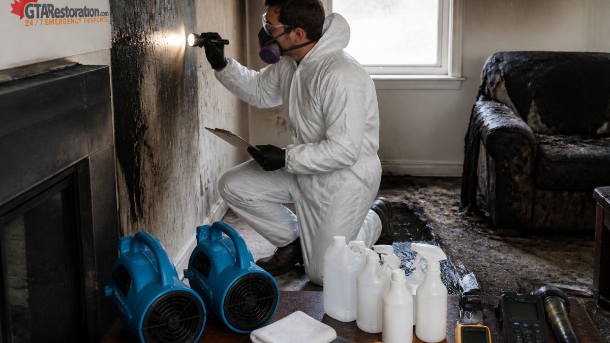 A technician inspecting a soot-stained wall during smoke damage cleaning