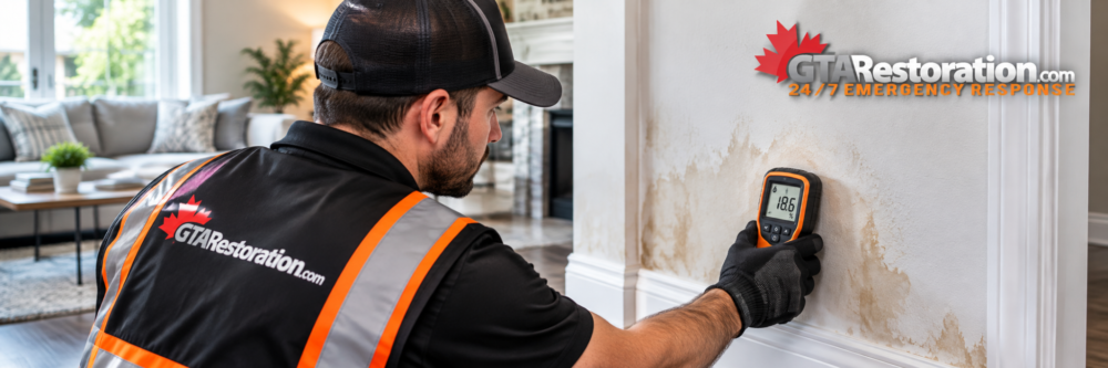 GTA Restoration technician checking a water-stained wall with a moisture meter