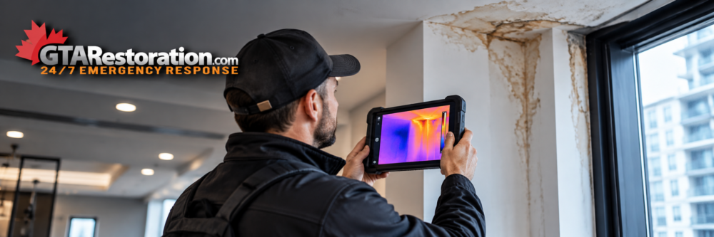 GTA Restoration inspector using thermal imaging to assess a water-stained ceiling and wall