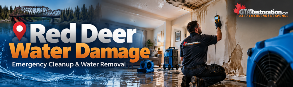 Water removal and moisture inspection after flooding in a Red Deer property