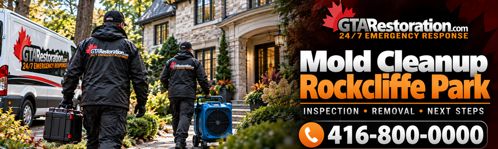 Two GTA Restoration crew members carrying tools and wheeling equipment toward a stone home.

