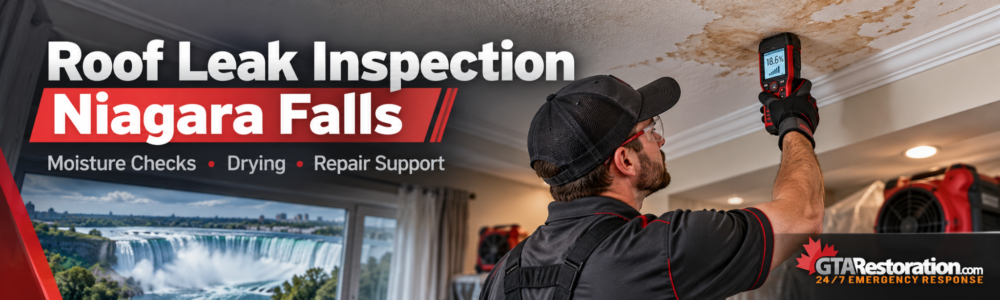 Roof leak repair Niagara Falls with interior moisture inspection and water damage assessment