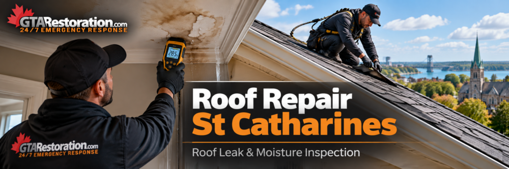 Roof leak repair St Catharines with water damage and moisture inspection