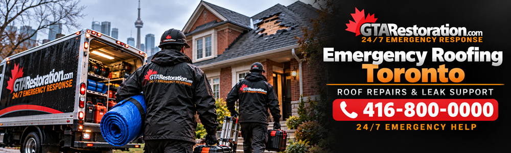 GTA Restoration crew carrying a rolled tarp and tools toward a brick home with damaged roof shingles.
