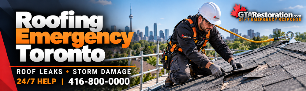 Roofing emergency banner showing a roofer checking damaged shingles while wearing a safety harness.